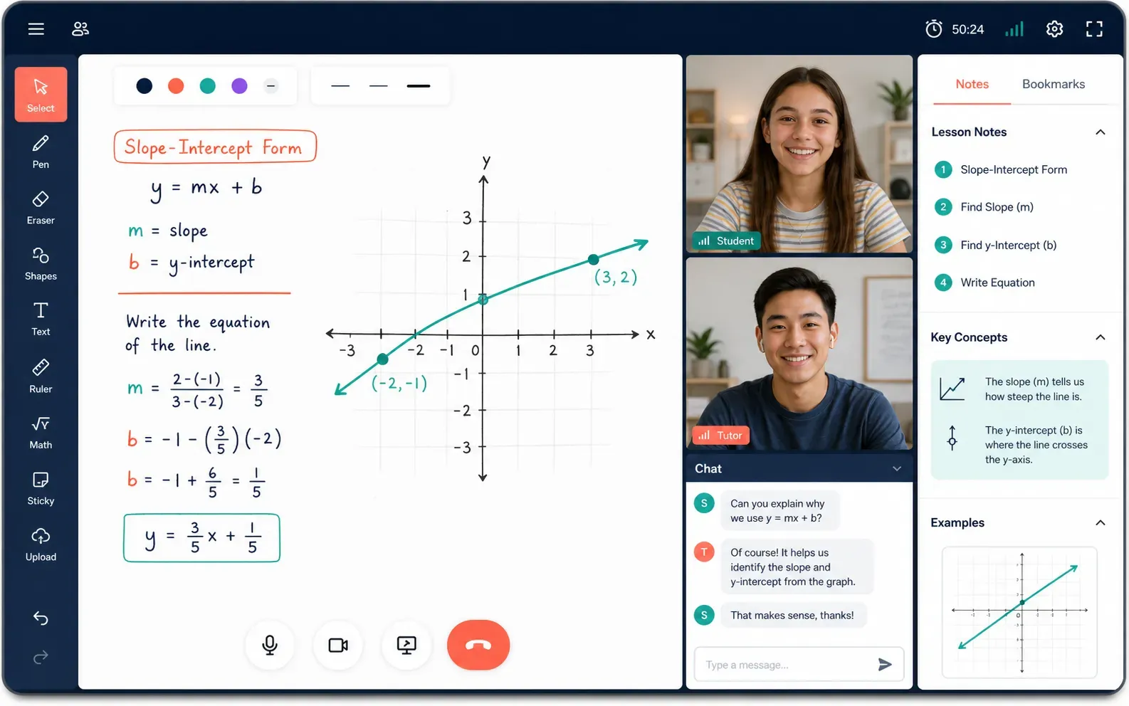 Live one-on-one Algebra 1 class with tutor video and shared whiteboard
