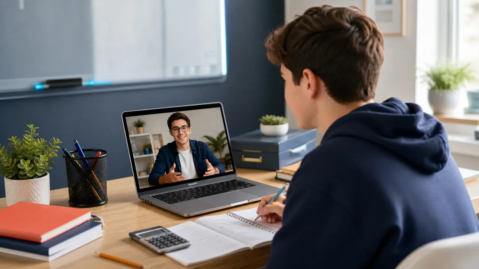 Student learning Algebra 1 online with a tutor on a laptop