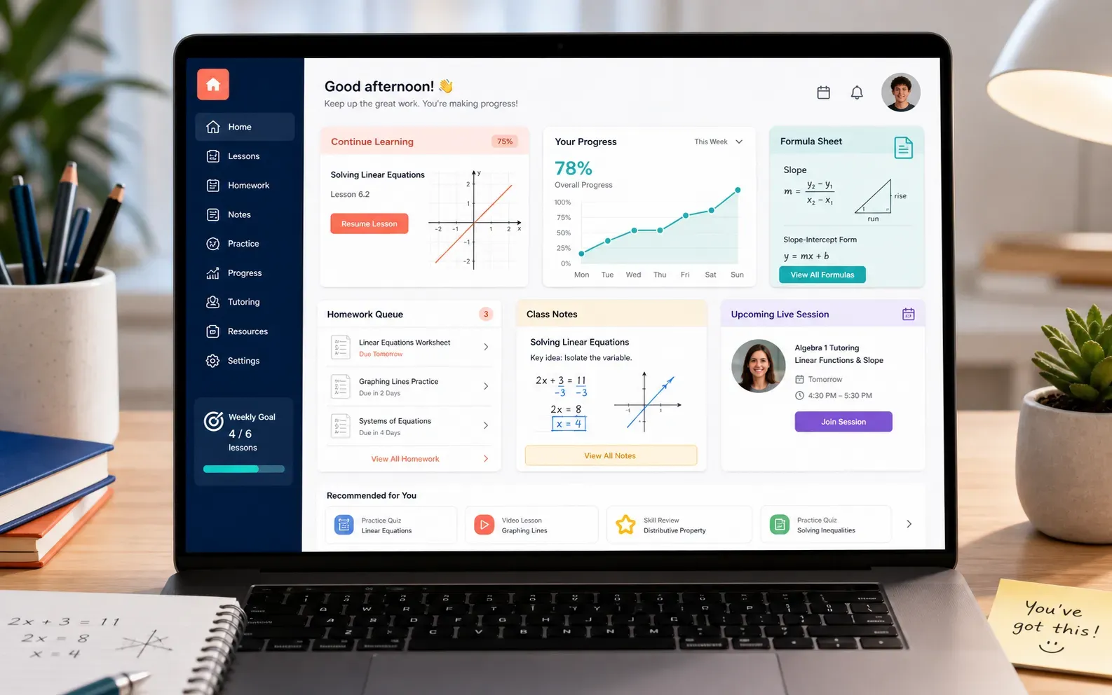 Online Algebra 1 student dashboard with lessons, practice, and progress