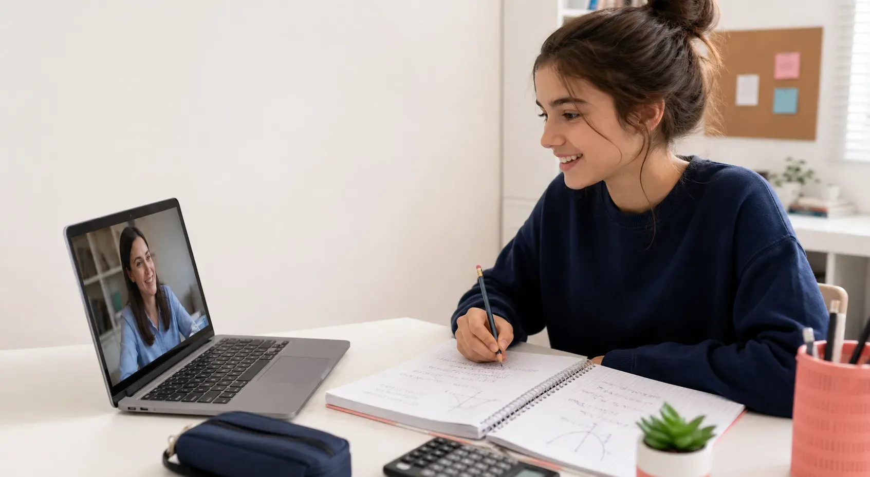 Student learning Algebra 2 online with a tutor on a laptop
