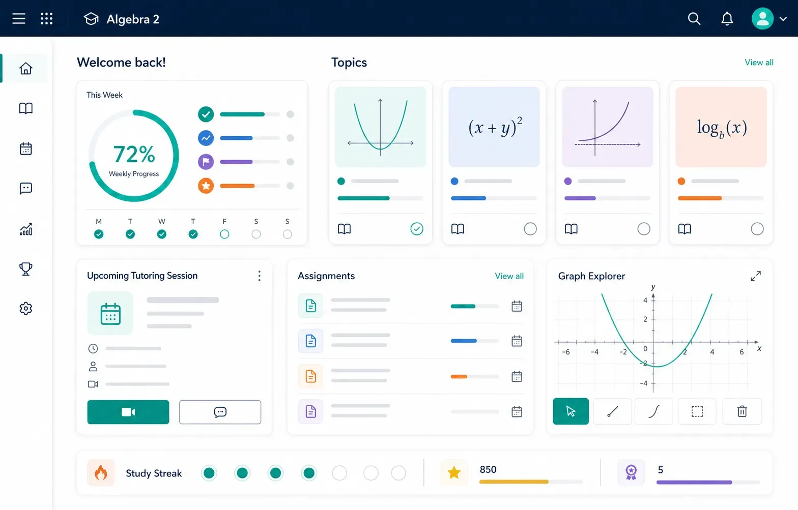 Online Algebra 2 student dashboard with lessons, practice, and progress