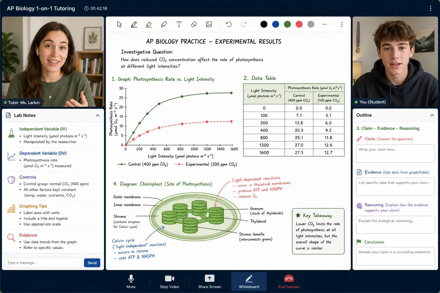 Live one-on-one AP Biology tutoring session reviewing a photosynthesis experiment graph