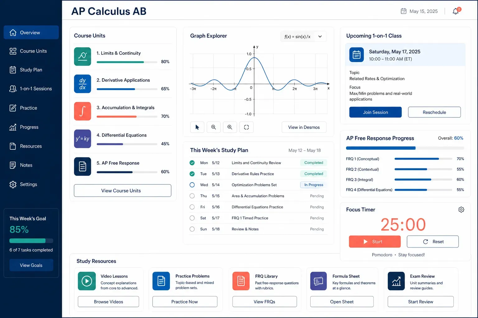 AP Calculus AB student dashboard with unit progress, practice, and resources