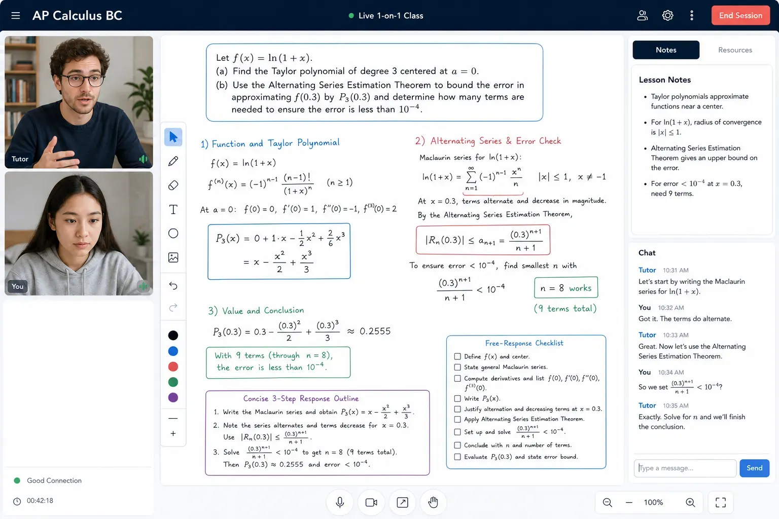 Live one-on-one AP Calculus BC class interface with Taylor series whiteboard, checklist, and notes