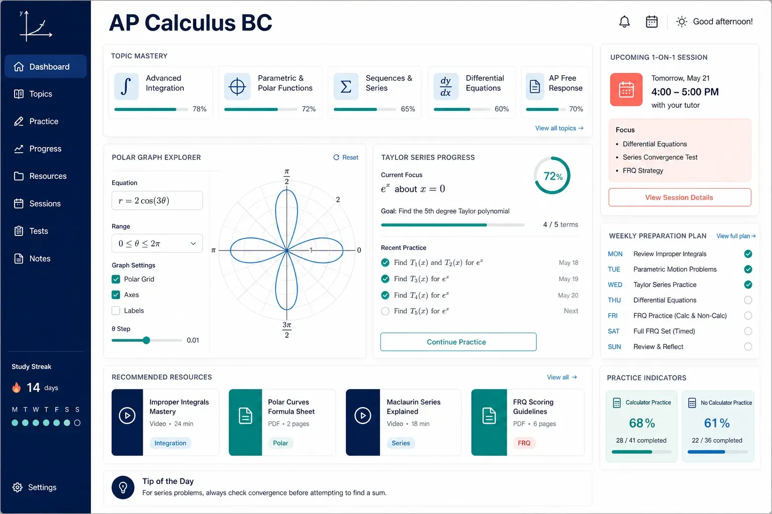 AP Calculus BC student dashboard with integration, series progress, and resources