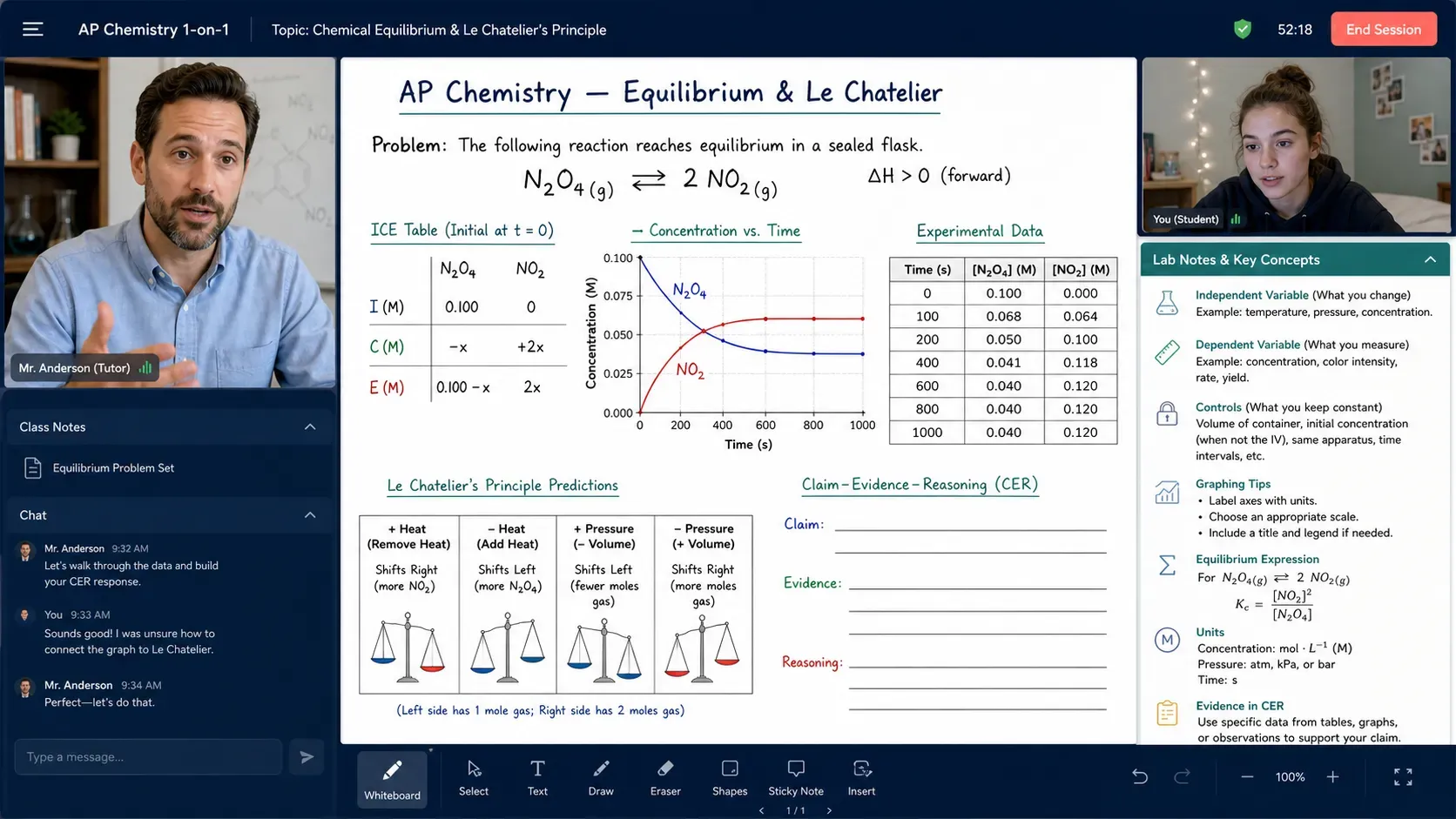 Live one-on-one AP Chemistry tutoring session reviewing an equilibrium ICE table