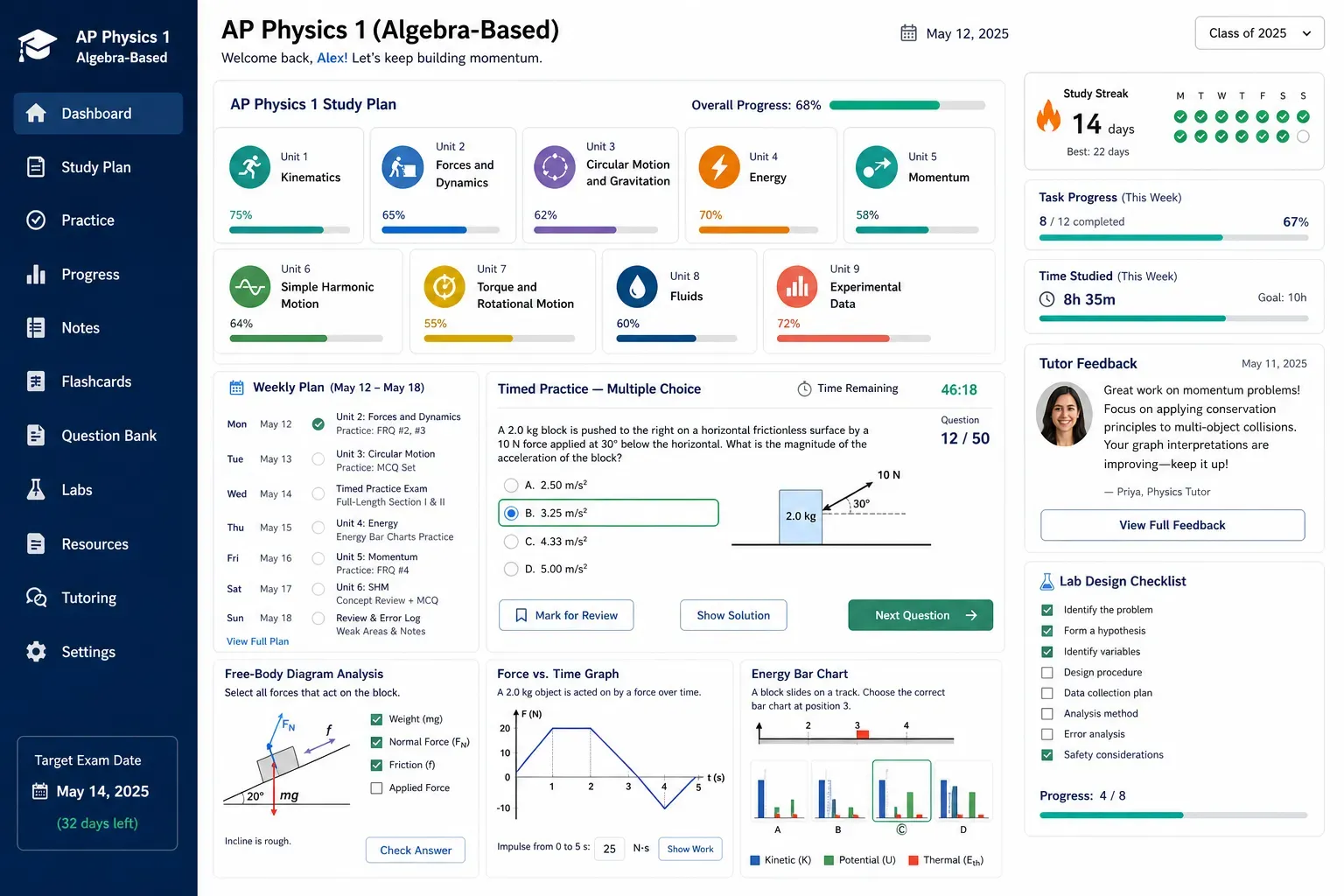 AP Physics 1 student dashboard with lessons, practice, diagrams, tutor feedback, and progress