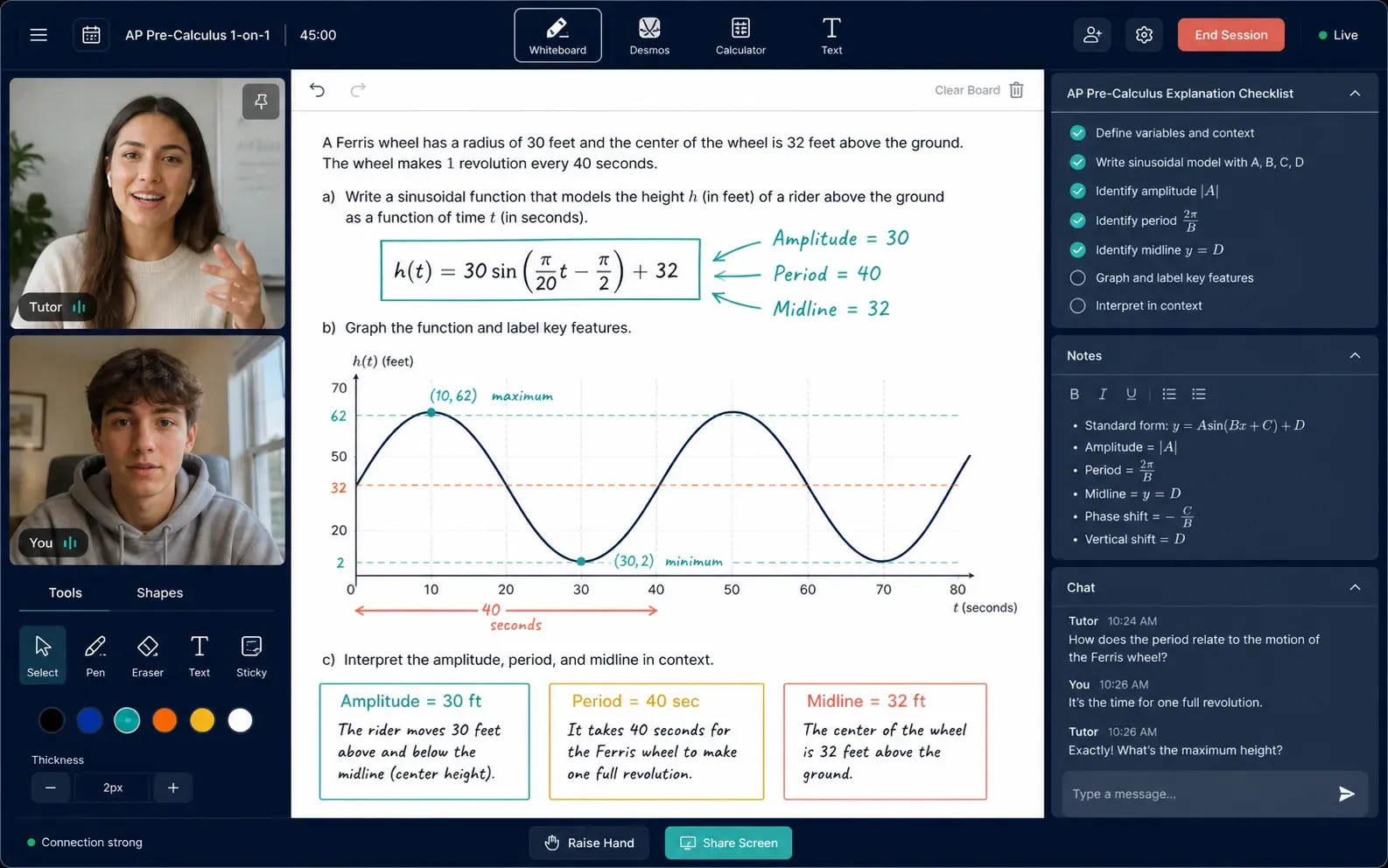 Live one-on-one AP Precalculus class interface with modeling whiteboard, checklist, and notes