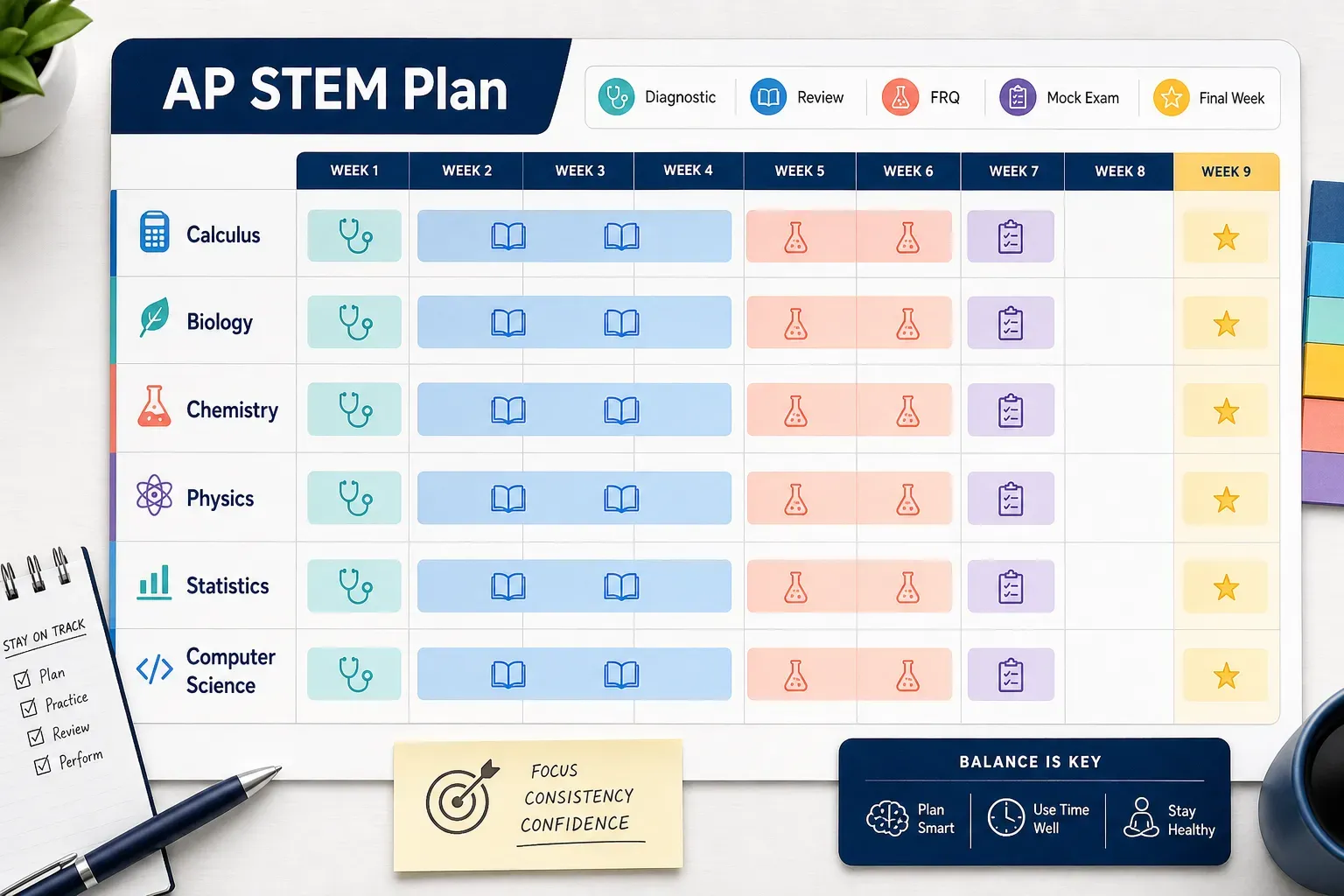 AP STEM exam planning board with diagnostic, review, FRQ, mock exam, and final-week checkpoints