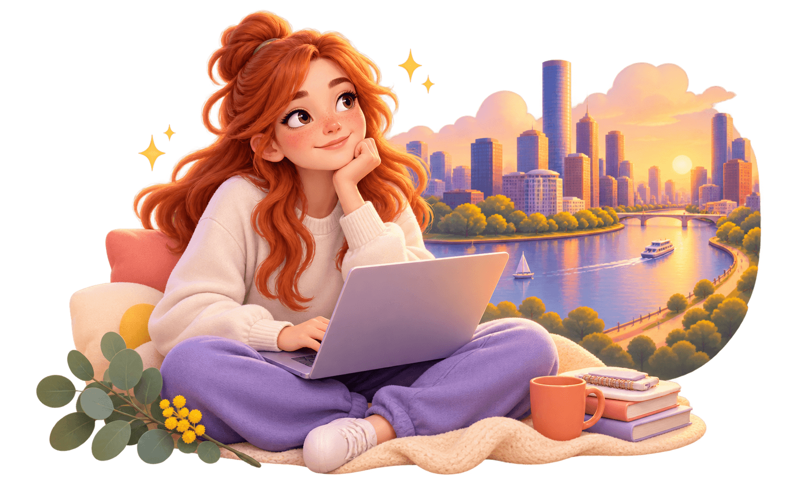 Illustration of a student learning online from Brisbane