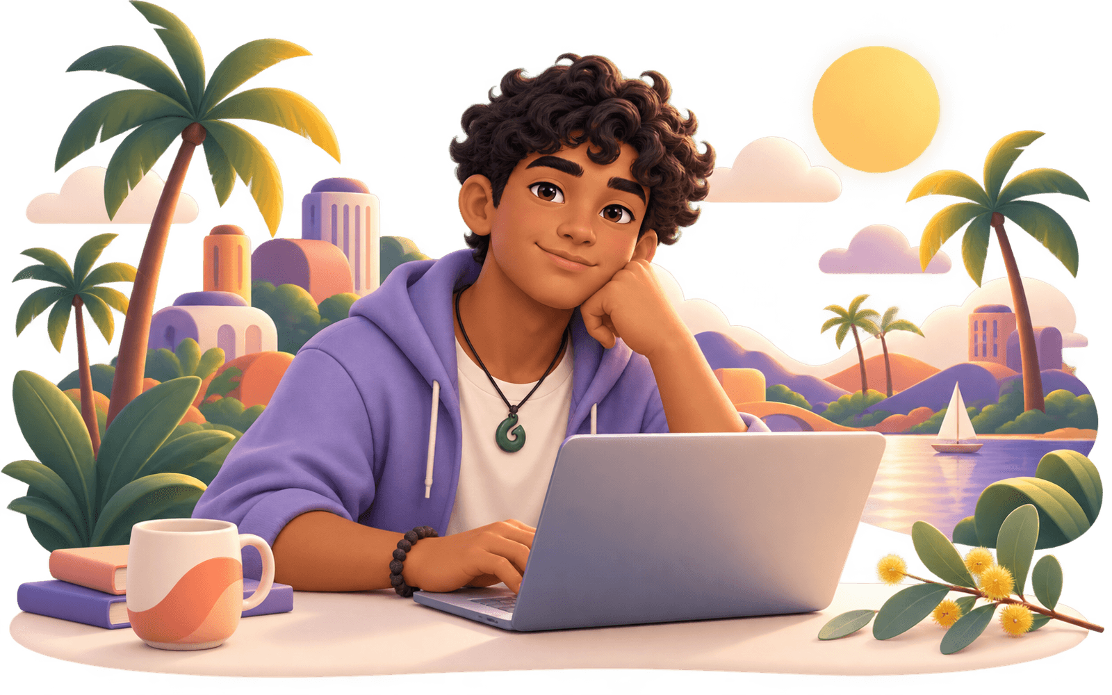 Illustration of a student learning online from Darwin
