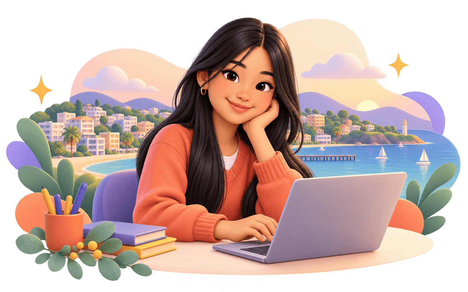 Illustration of a student learning online from Sunshine Coast