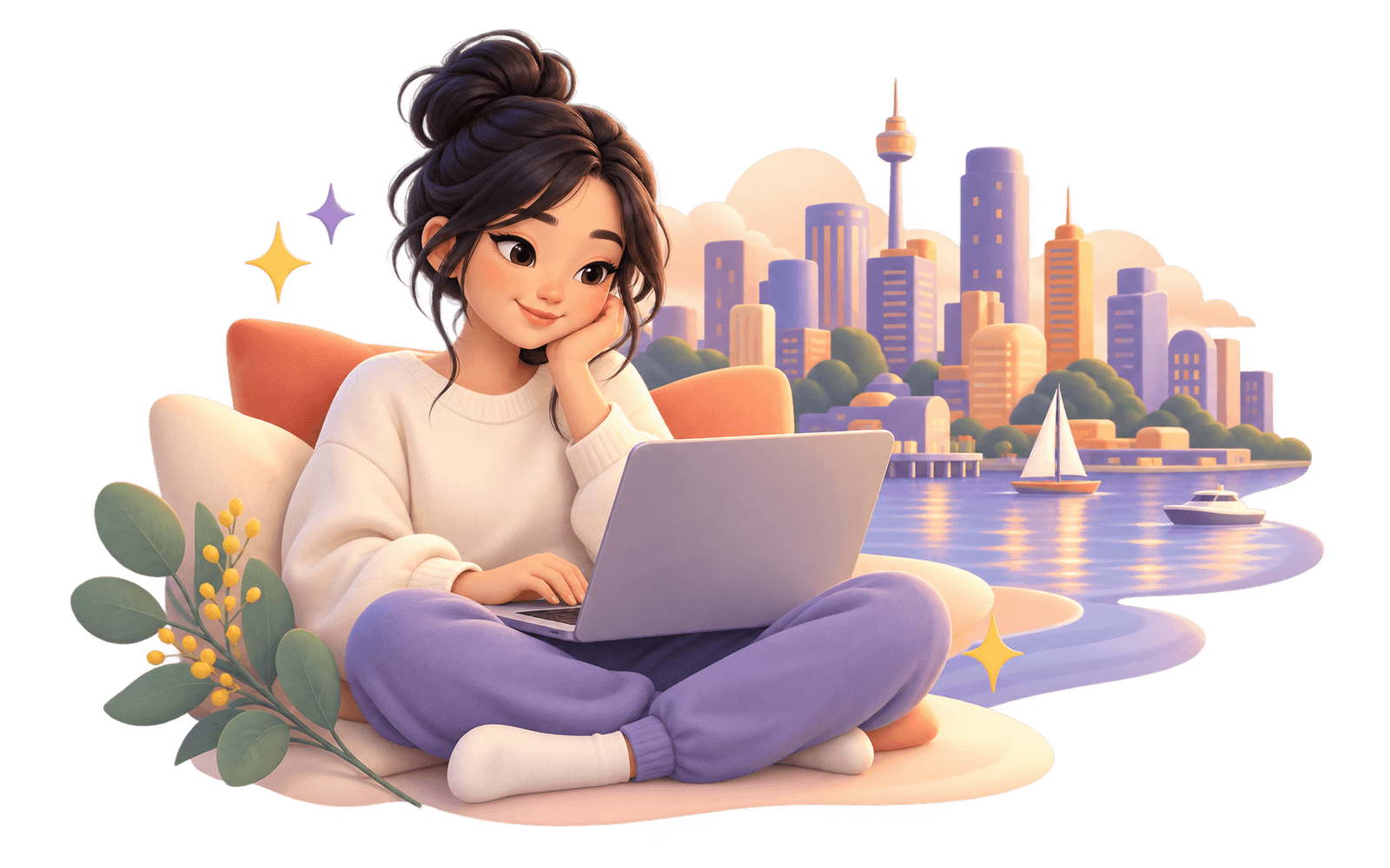 Illustration of a student learning online from Sydney