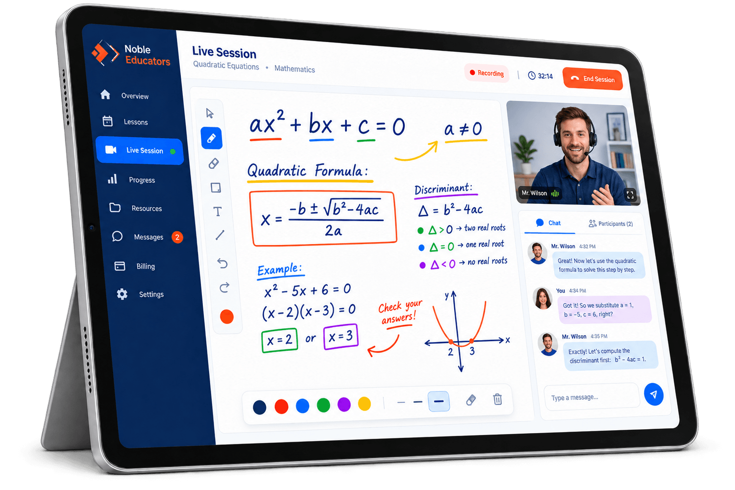 Shared whiteboard with a quadratic equation worked step by step, beside the video call and chat panel