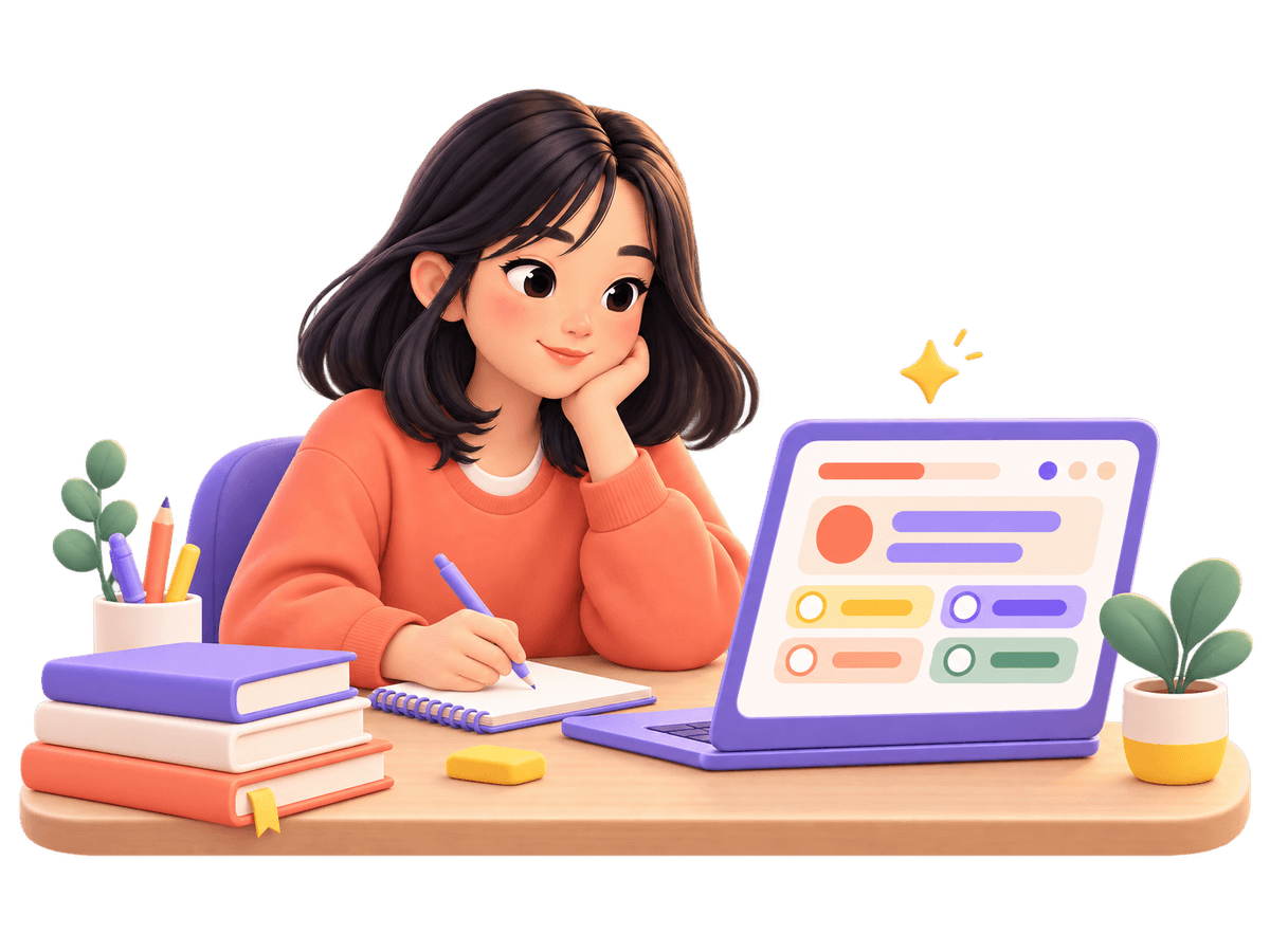 Illustration of a middle-school student working through practice questions online