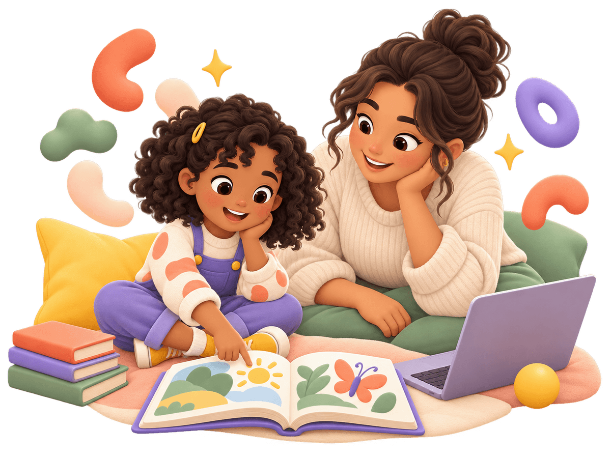 Illustration of a primary student learning to read and count with support