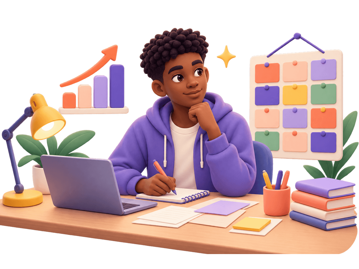 Illustration of a senior student preparing for exams with a study plan
