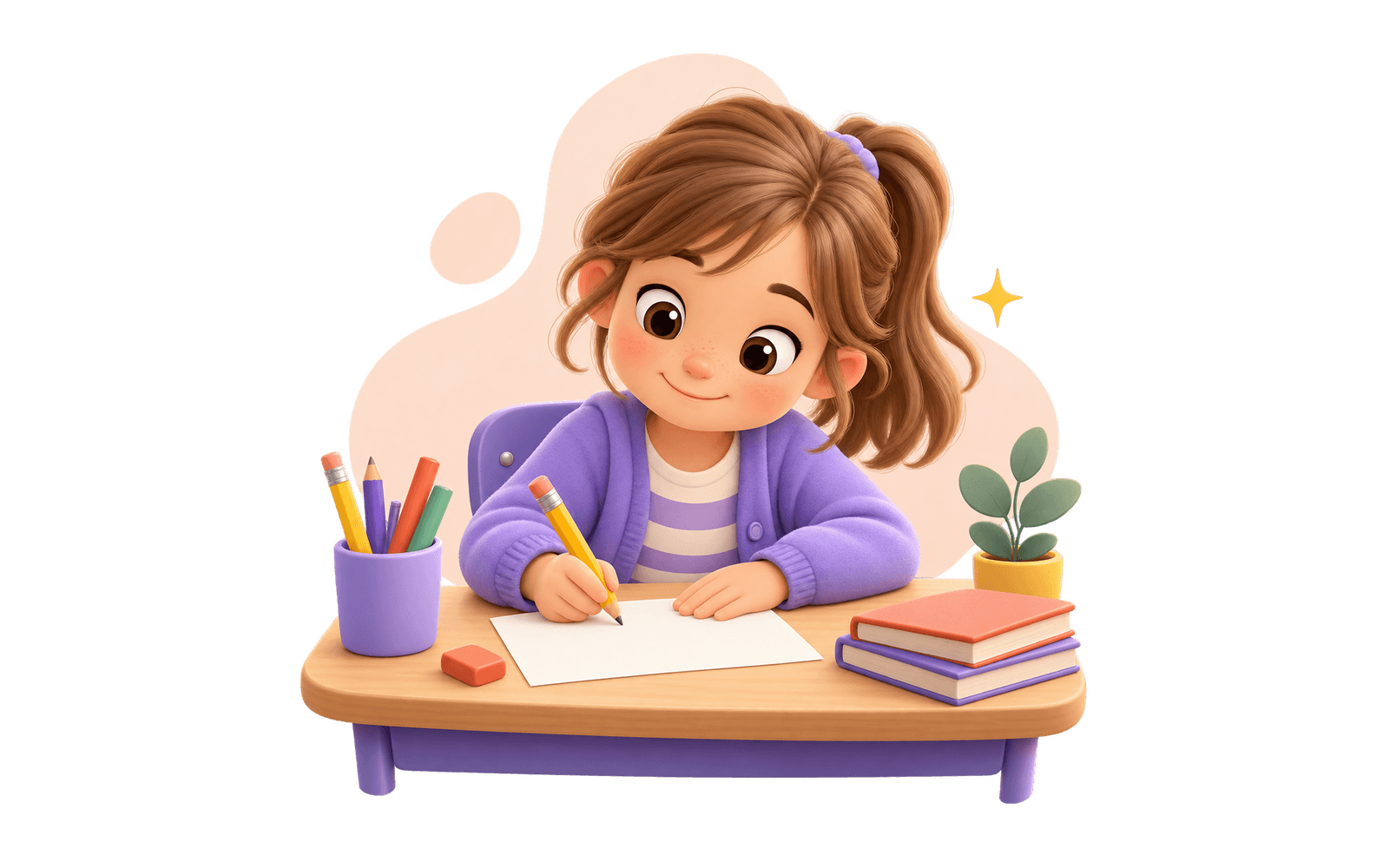 Illustration of a Year 3 student writing calmly at a desk