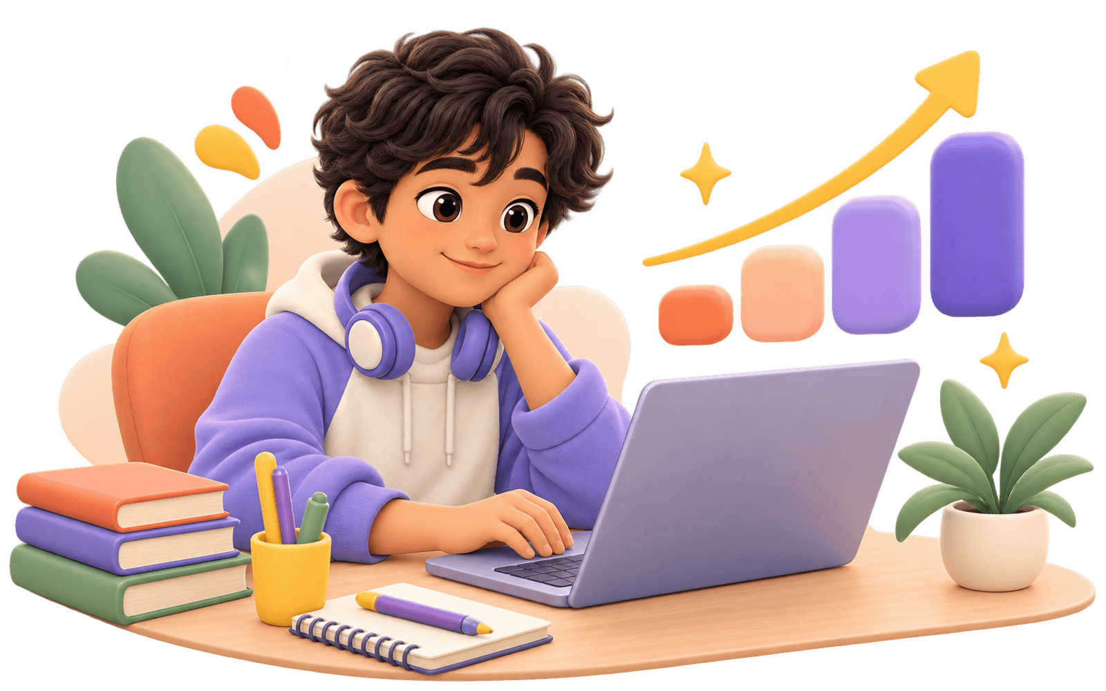 Illustration of a student sitting an online assessment with progress markers