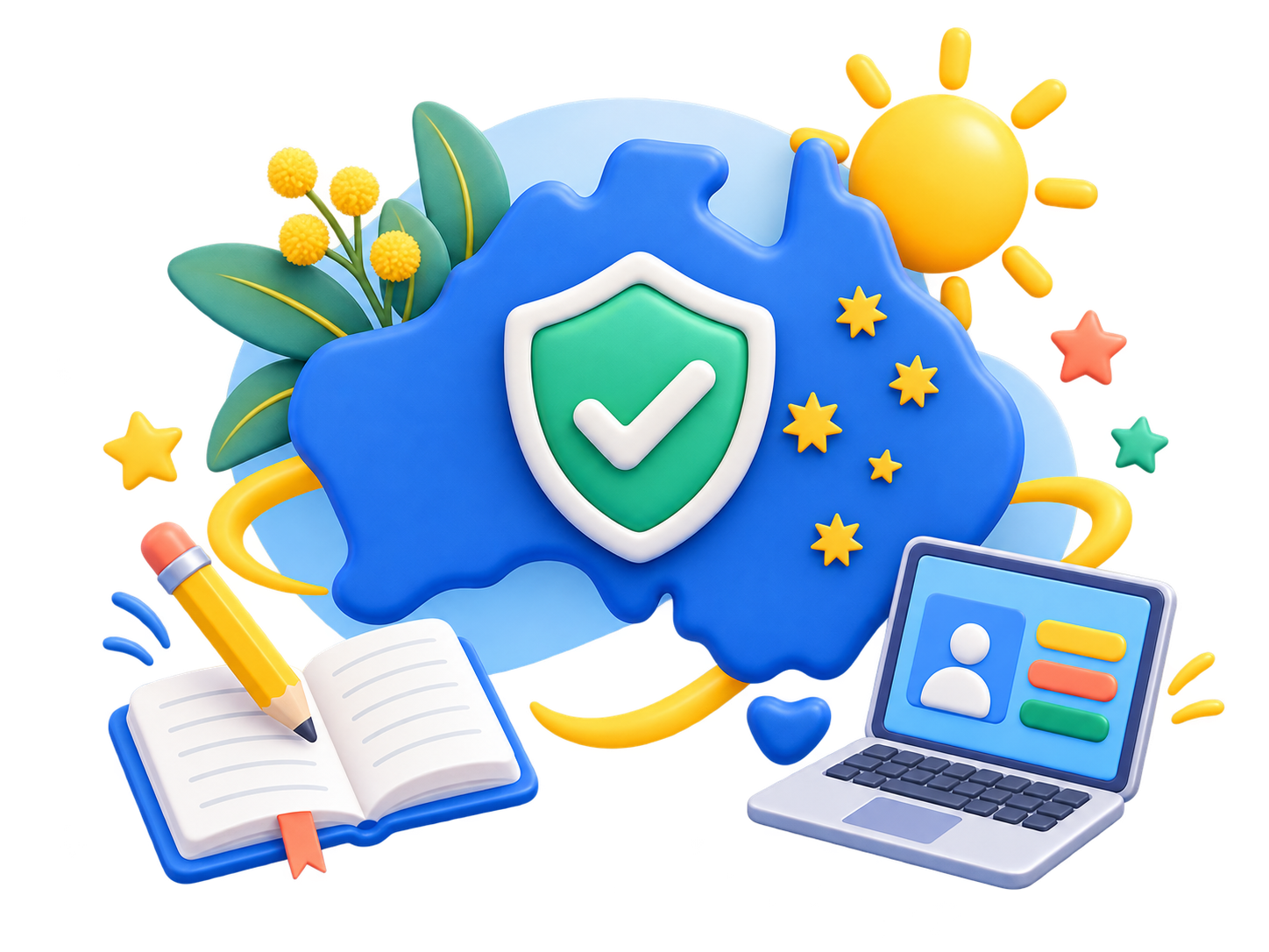 Playful Australia map, shield, notebook and laptop representing safe online tutoring for Australian students