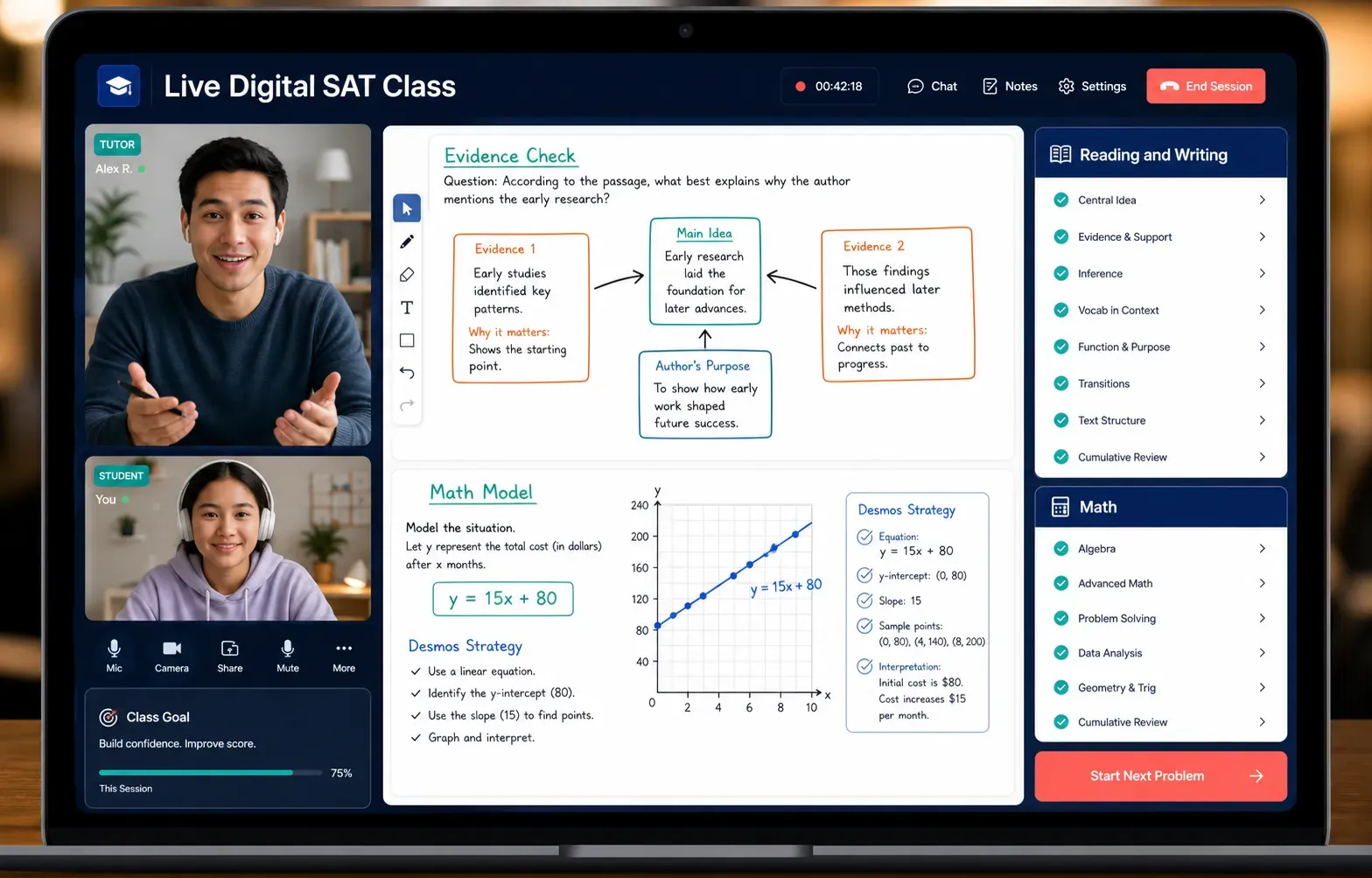 Live one-on-one Digital SAT class interface with an on-screen passage, review flags, and a Desmos graph