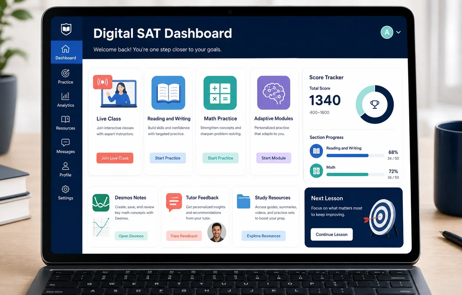 Digital SAT dashboard with adaptive module tracking, Bluebook results, and score report review