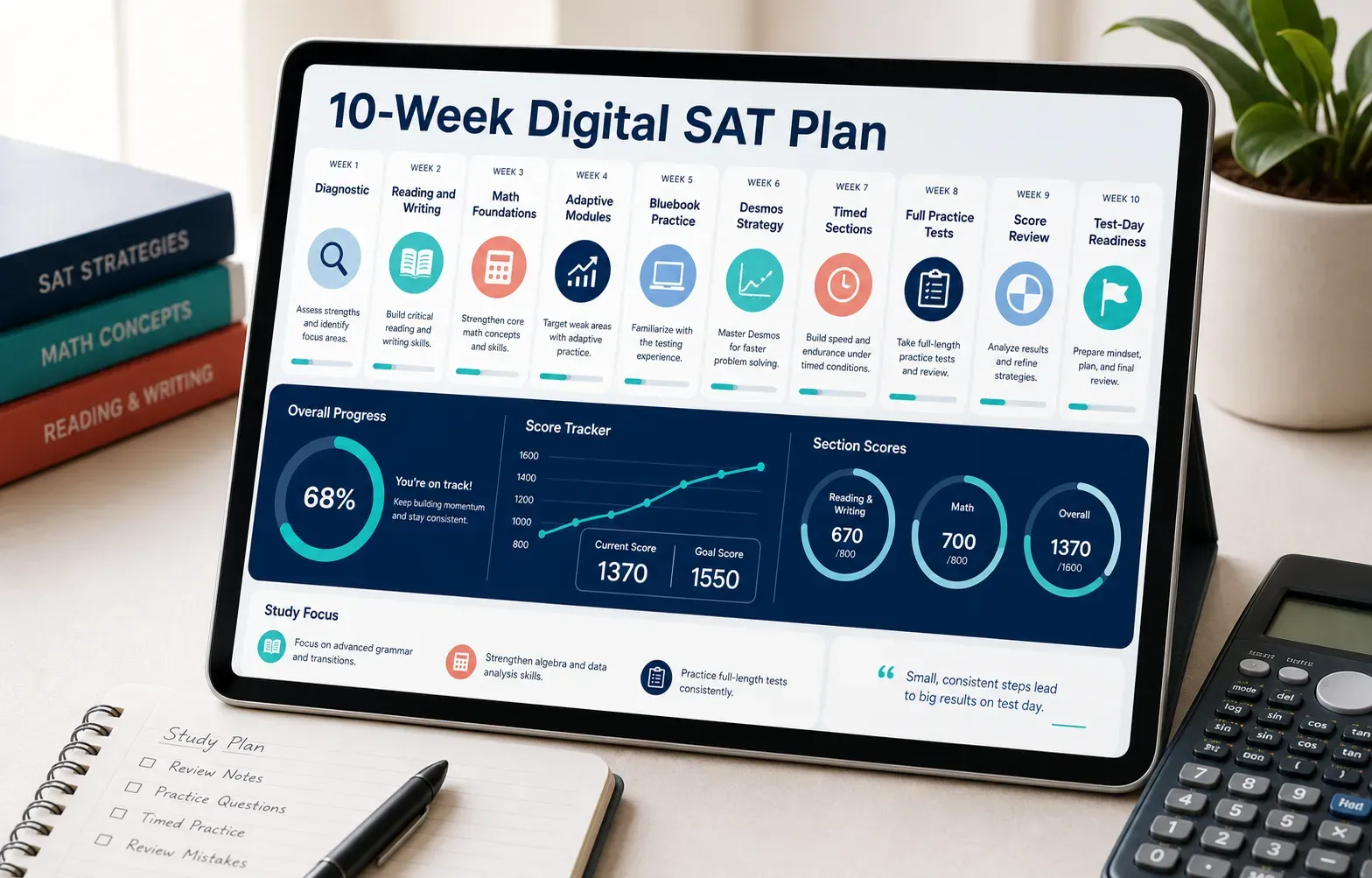 Digital SAT 10-week study planner with Bluebook practice tests, module drills, and score review