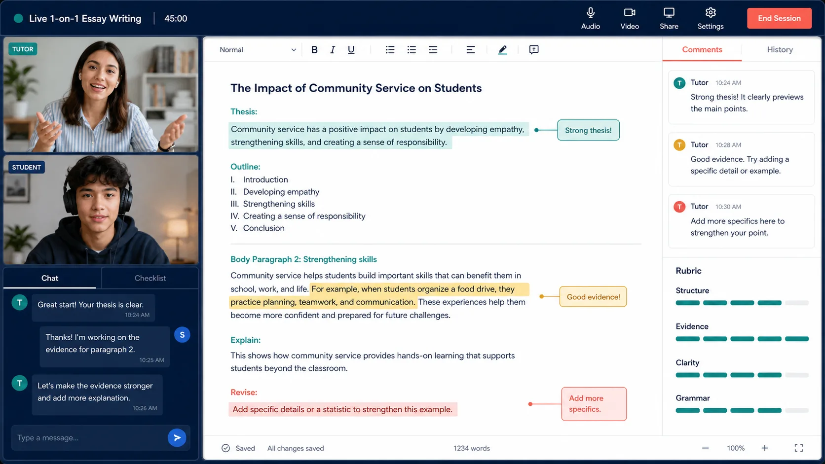 One-on-one Essay Writing tutoring interface with a tutor, student, shared essay document, thesis highlight, evidence comment, revision notes, and rubric sidebar