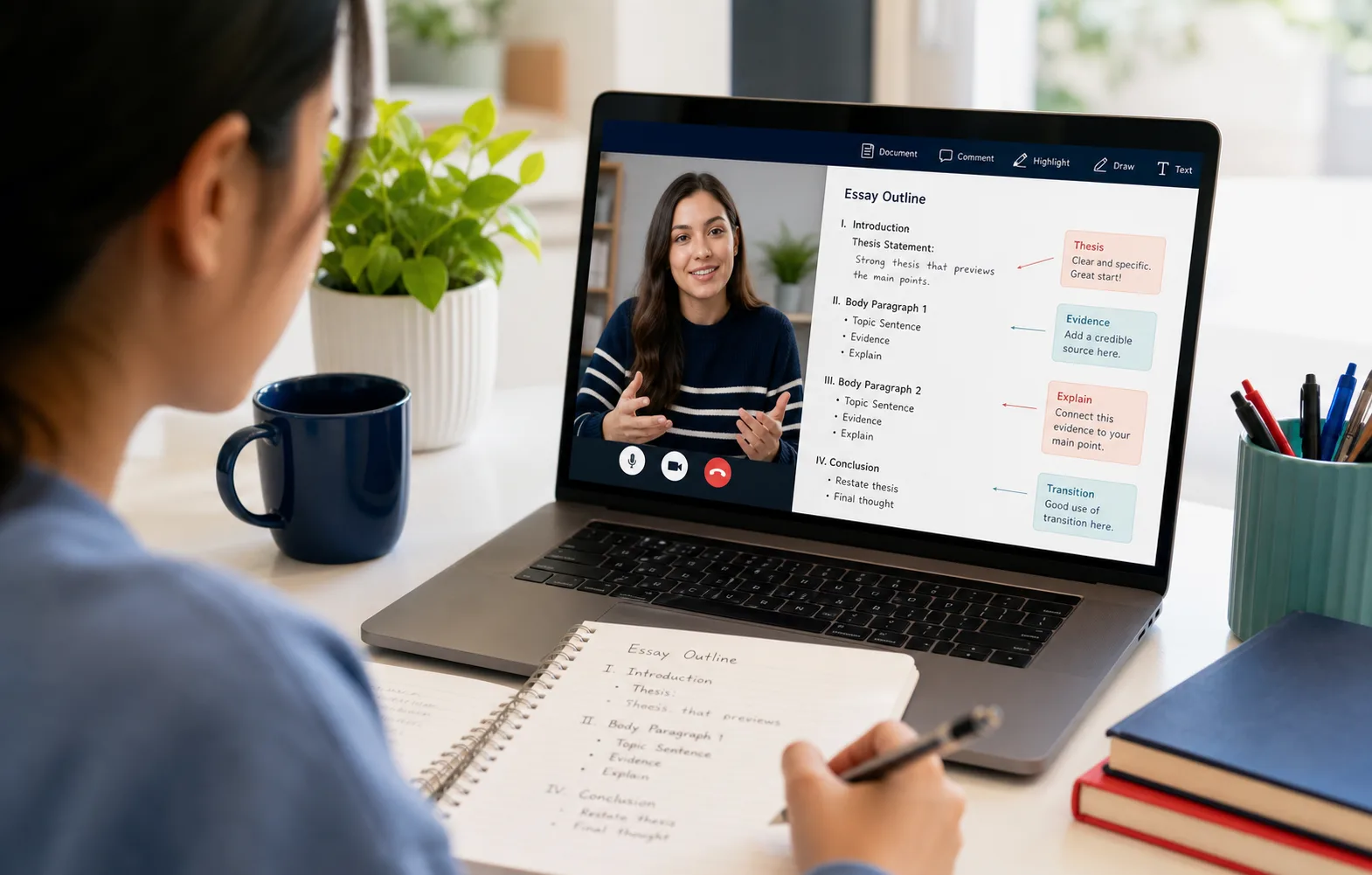 Online Essay Writing tutoring with a student, tutor video call, shared essay outline, thesis notes, evidence comments, and revision feedback