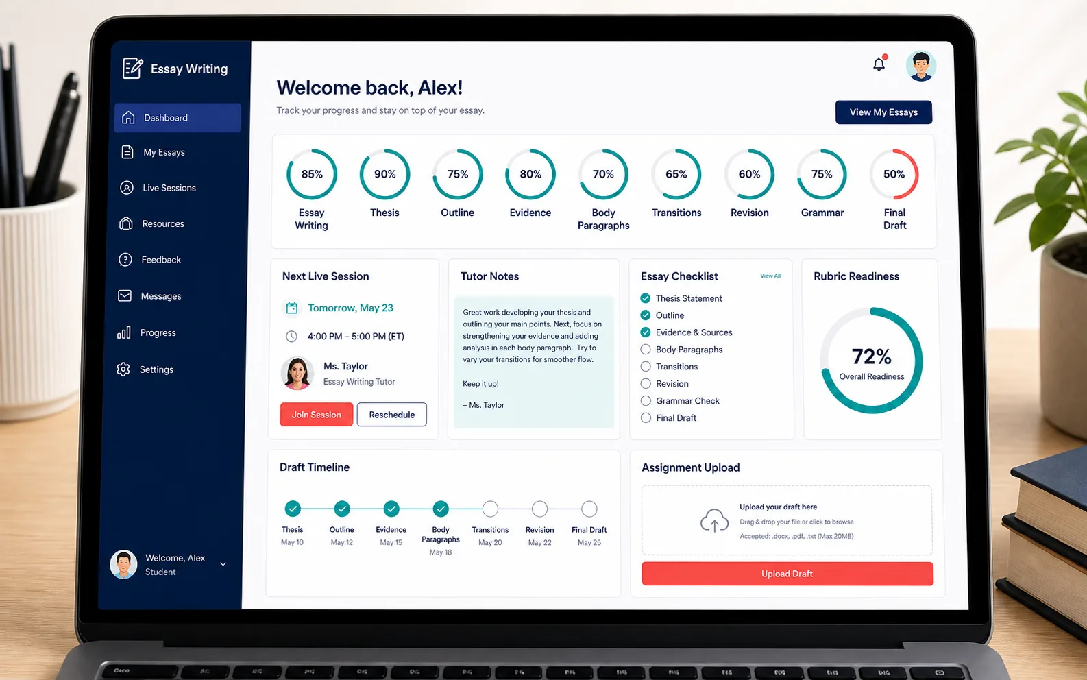 Essay Writing student dashboard with thesis, outline, evidence, body paragraphs, transitions, revision, grammar, tutor notes, and draft progress