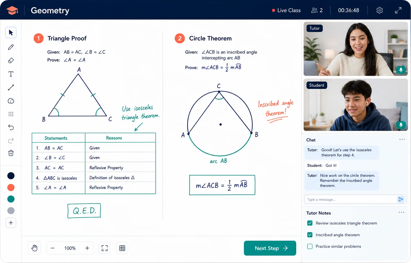 One-on-one Geometry tutoring interface with a tutor, student, diagram, proof table, and shared whiteboard