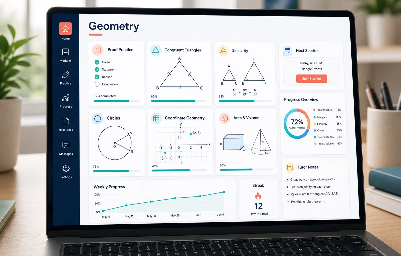 Geometry student dashboard with lessons, proof practice, diagrams, tutor notes, and progress