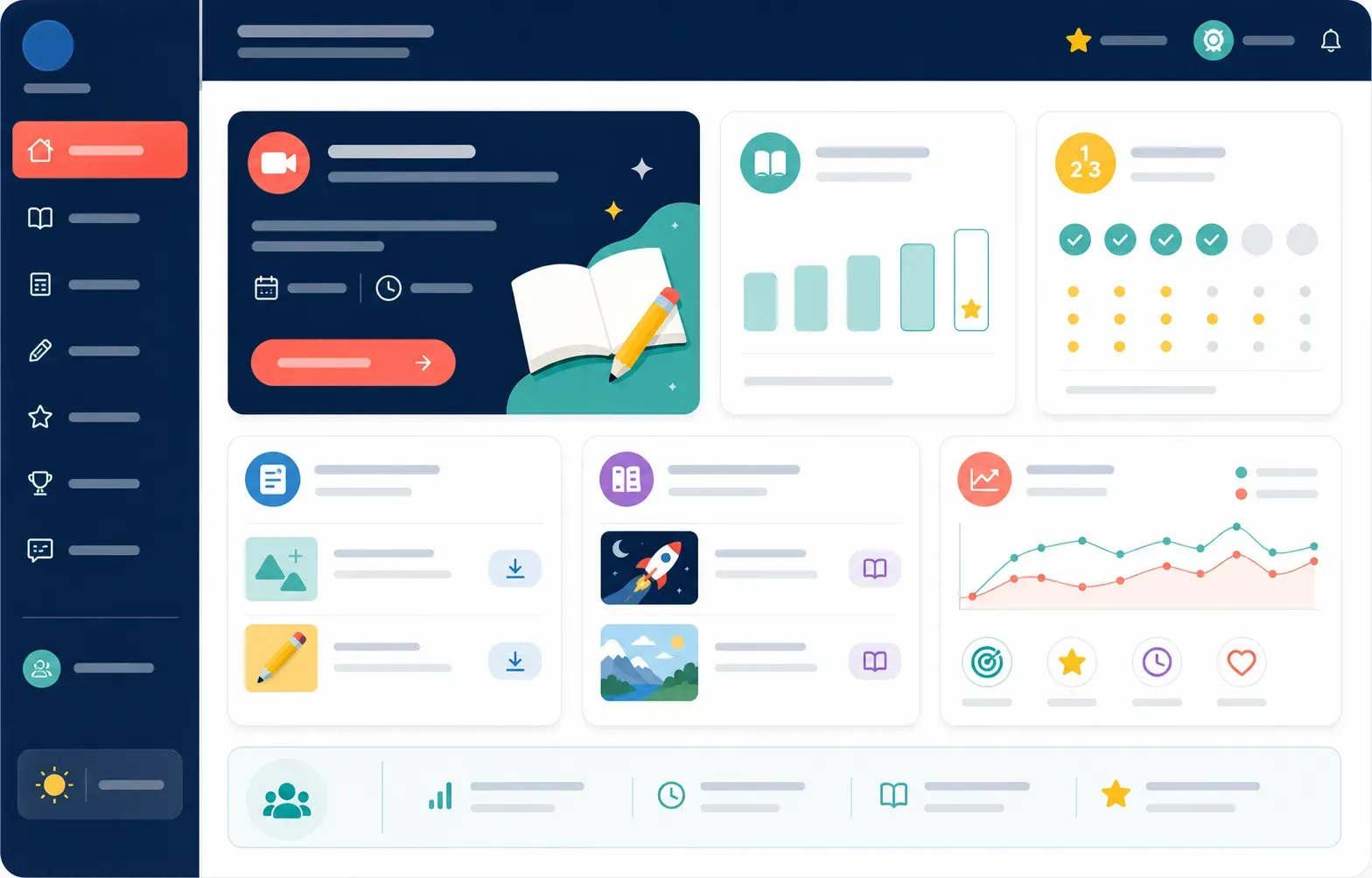 Grades 1-5 student dashboard with a live lesson, practice, and progress
