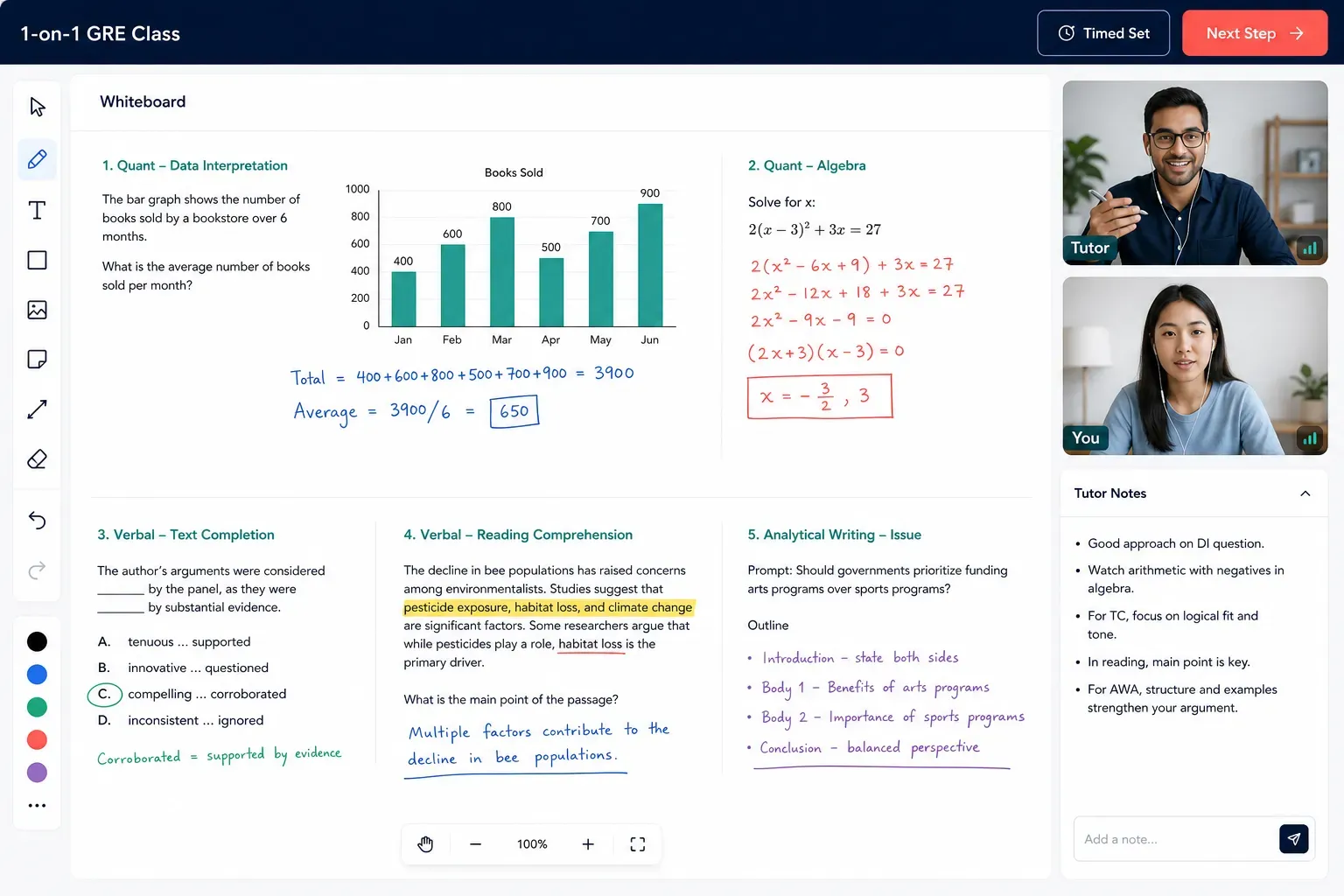 1-on-1 GRE class interface with Quant, Verbal, Analytical Writing, tutor notes, and timed set planning
