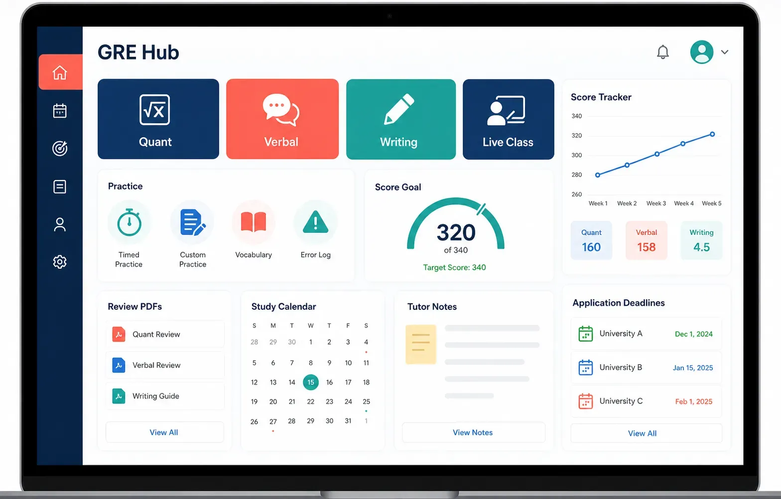 GRE student dashboard showing Quant, Verbal, Writing, live class, practice, review PDFs, score tracker, and application deadlines