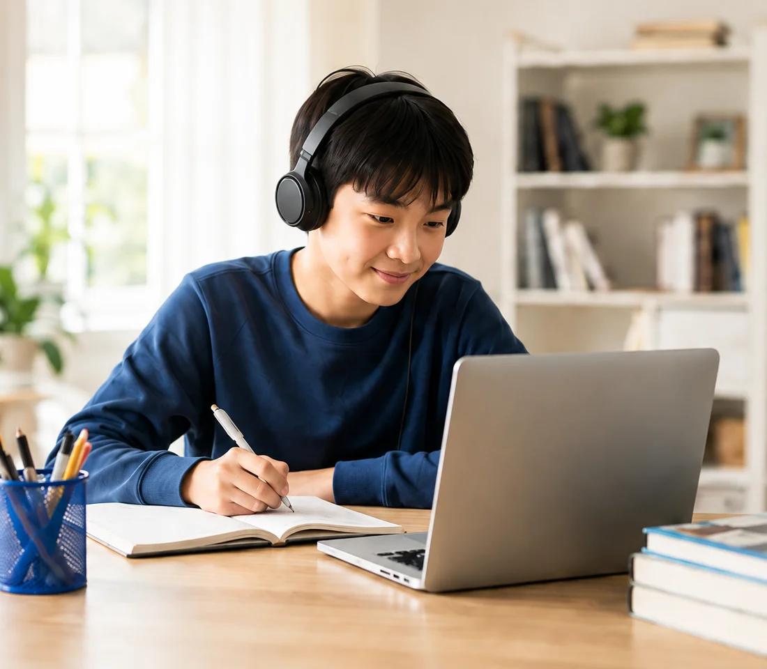 Student wearing headphones and working in a notebook beside a laptop