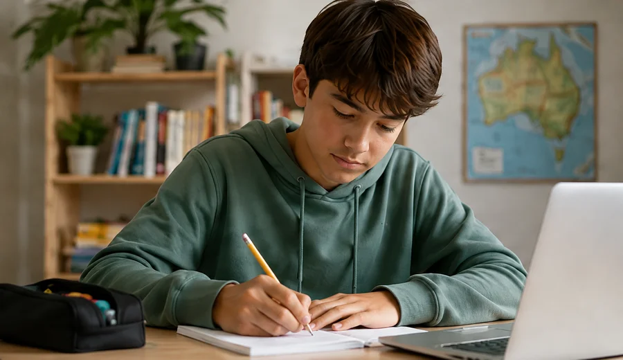 Student working in a notebook at a study desk