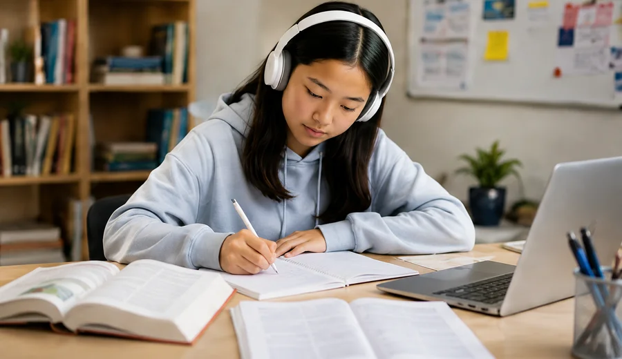 Student wearing headphones and practising with a notebook and laptop
