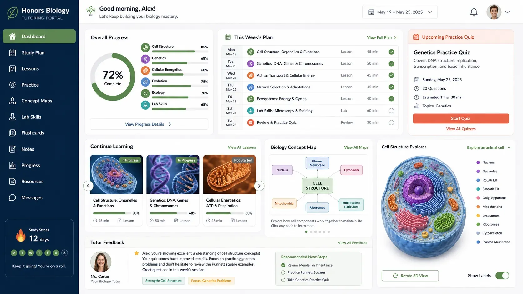 Honors Biology student dashboard with lessons, practice, and study resources