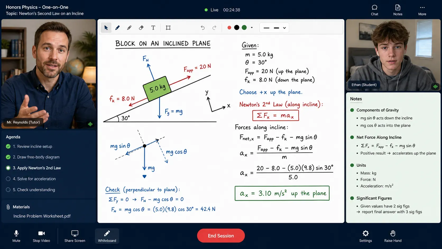 Live one-on-one Honors Physics tutoring session with an incline-force whiteboard