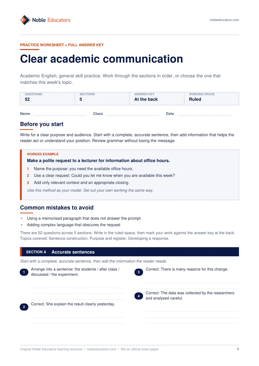 First page of the Clear academic communication worksheet