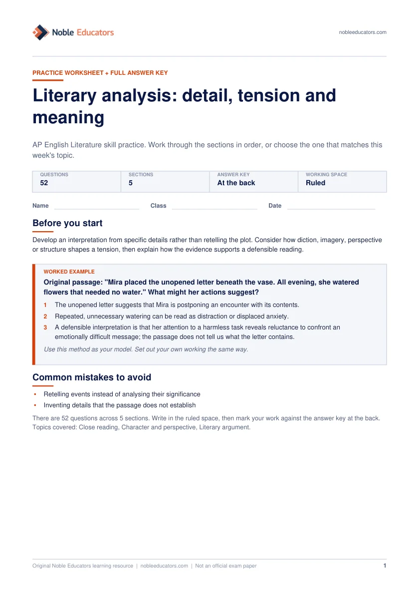 First page of the Literary analysis: detail, tension and meaning worksheet