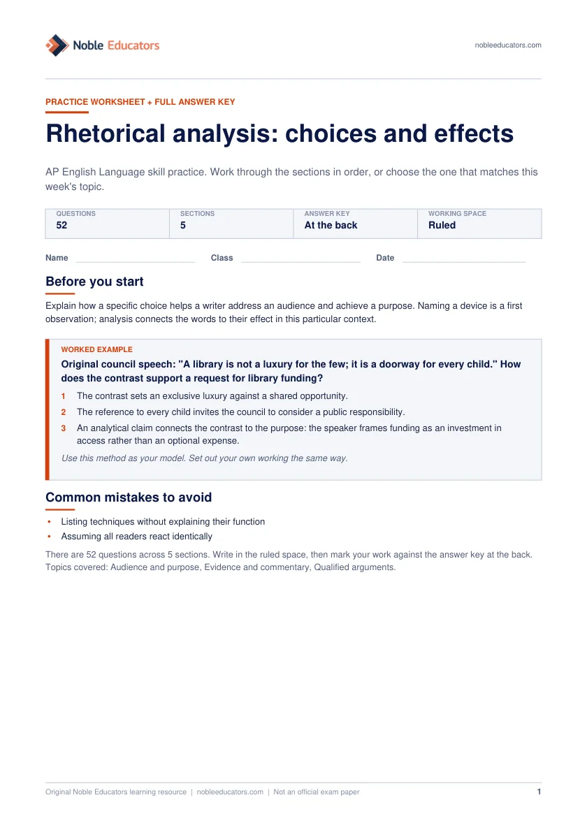 First page of the Rhetorical analysis: choices and effects worksheet