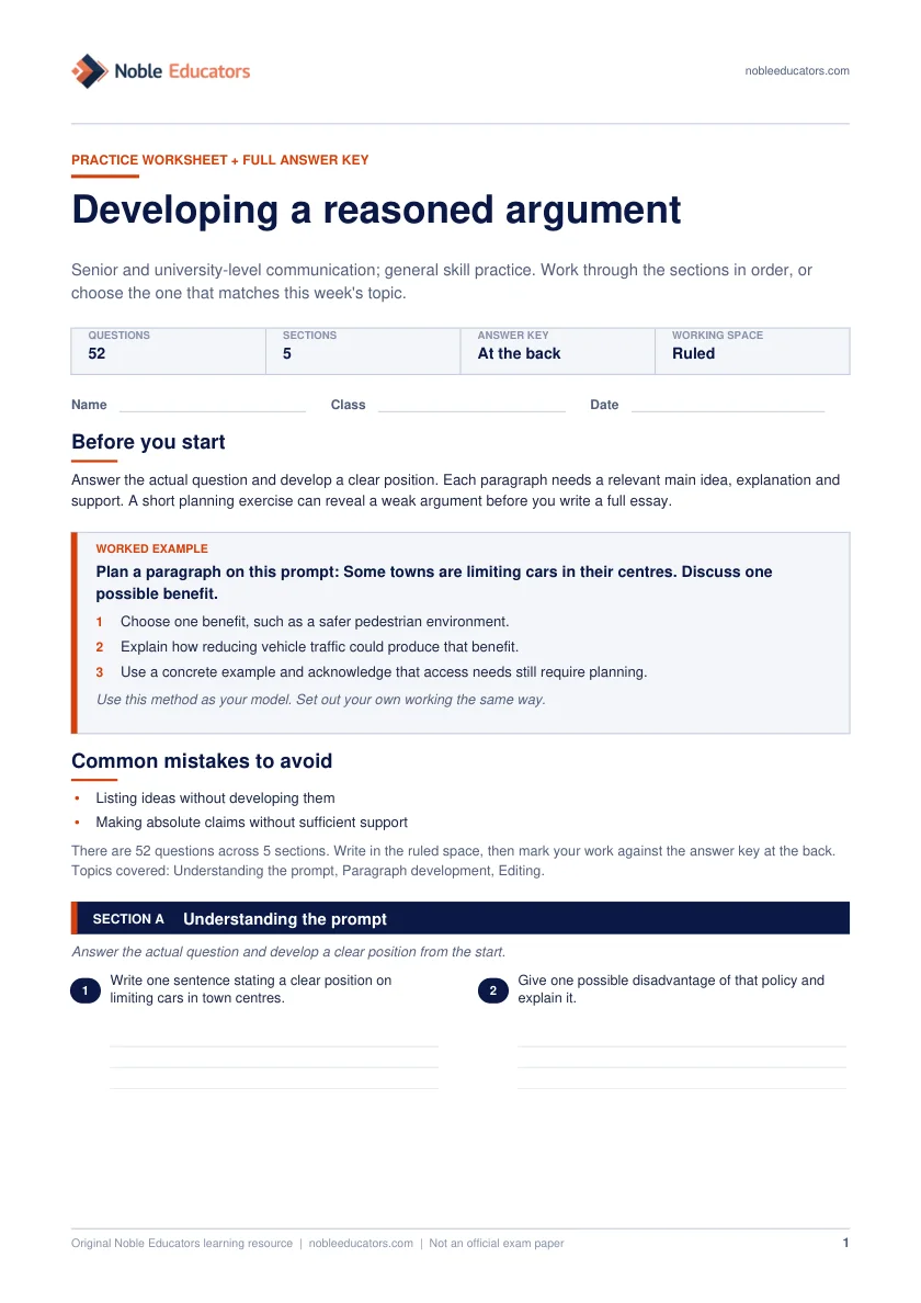 First page of the Developing a reasoned argument worksheet