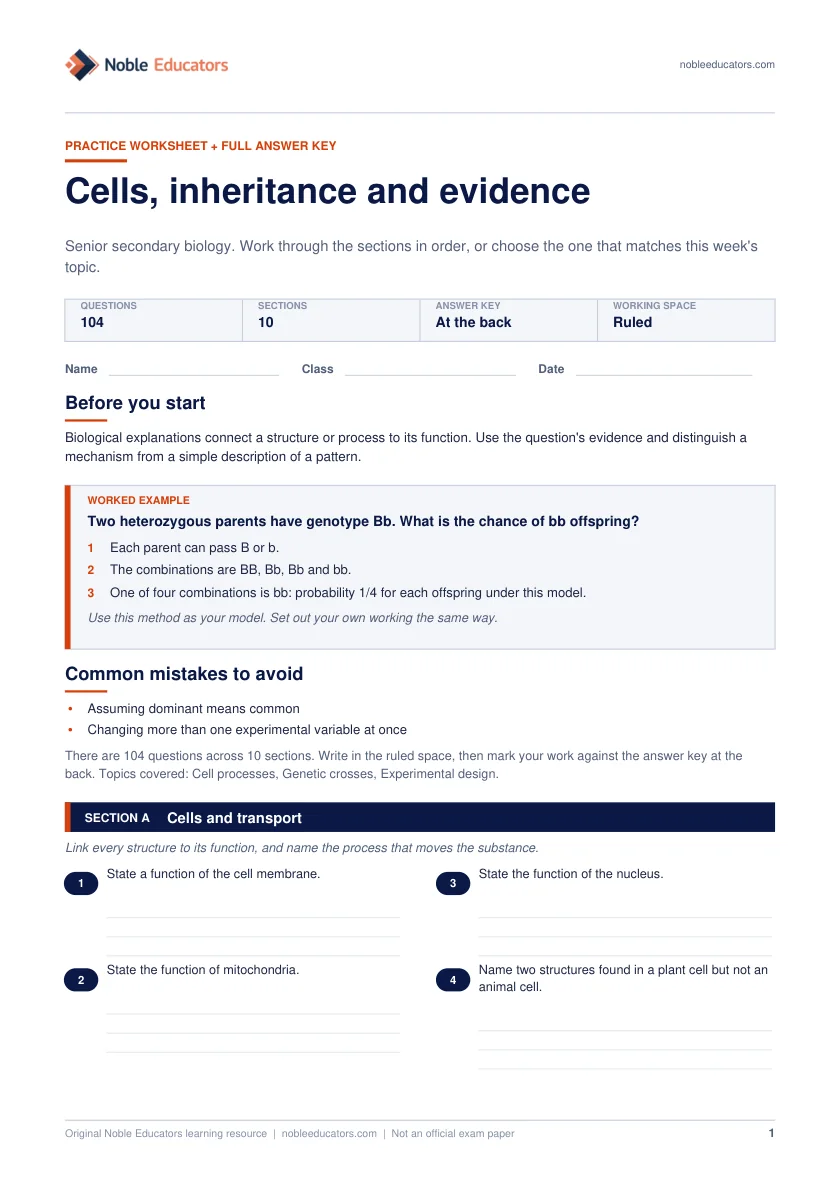 First page of the Cells, inheritance and evidence worksheet