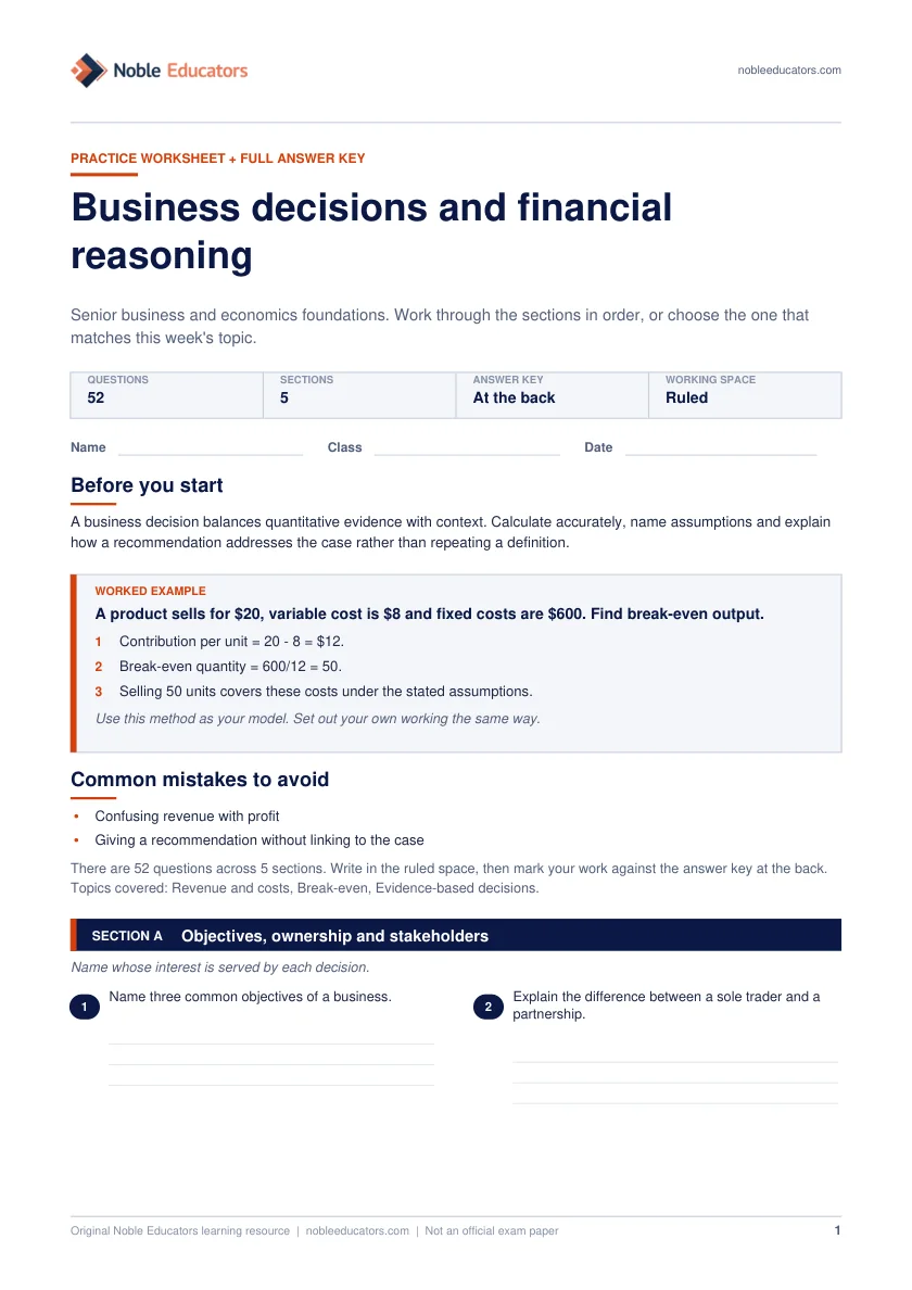 First page of the Business decisions and financial reasoning worksheet