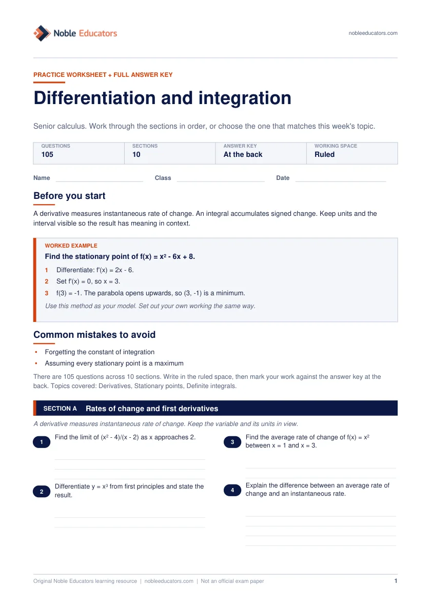 First page of the Differentiation and integration worksheet