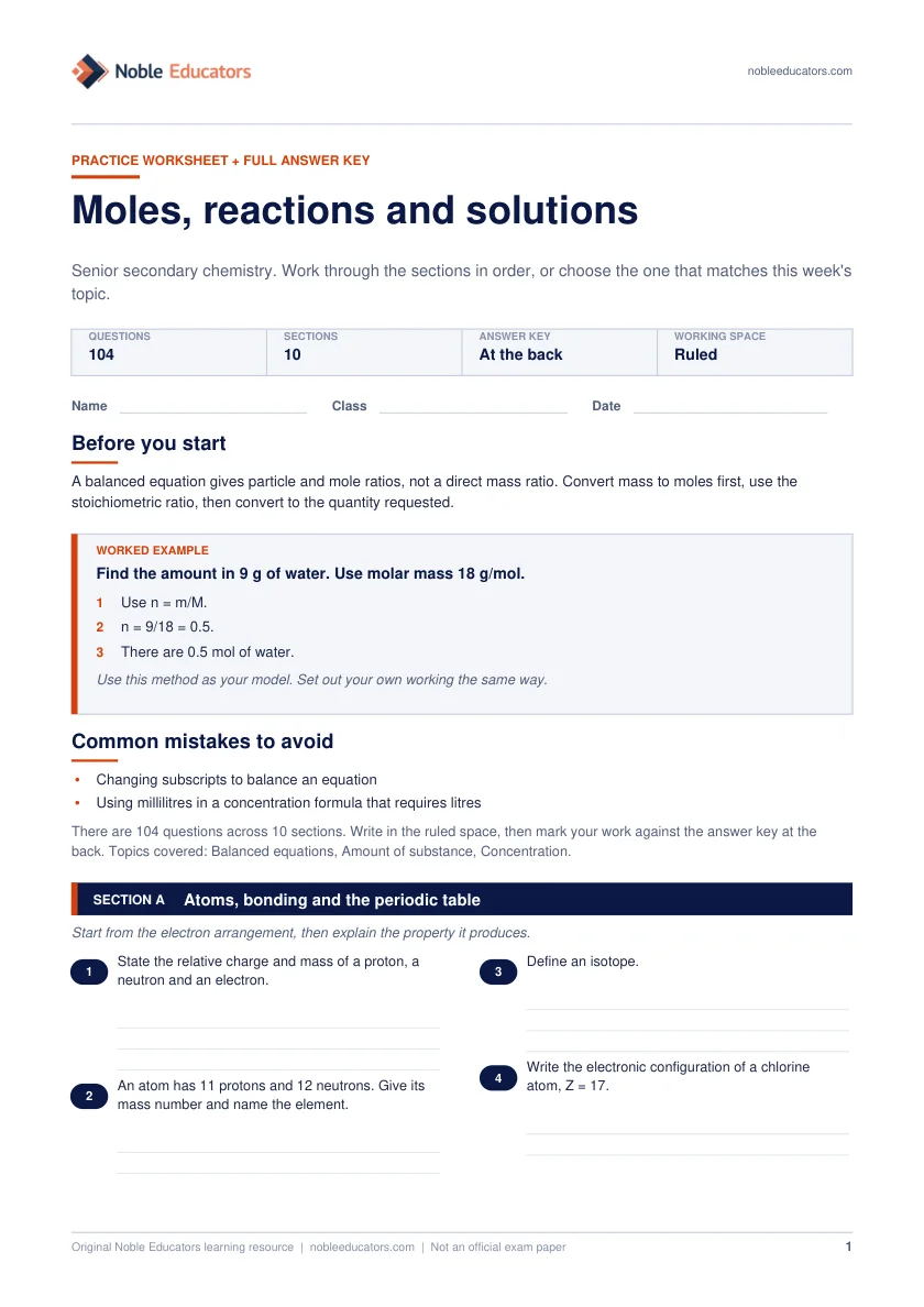 First page of the Moles, reactions and solutions worksheet