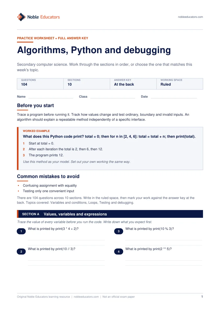First page of the Algorithms, Python and debugging worksheet