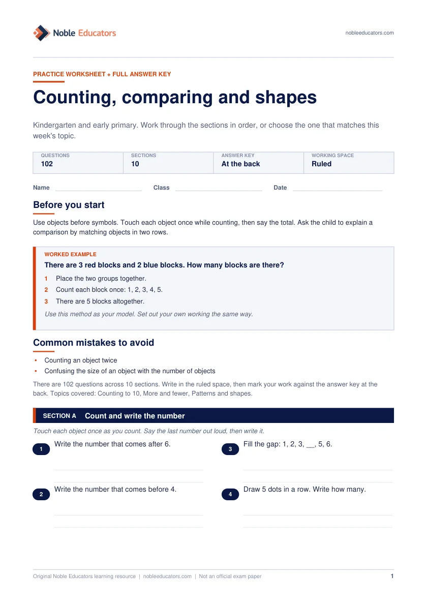 First page of the Counting, comparing and shapes worksheet
